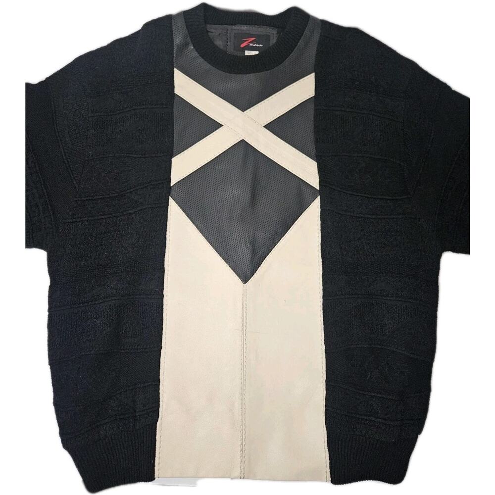Vintage ZMANN Mens Large Leather Knit Colorblock Knit Sweater 80s Heavy Weight